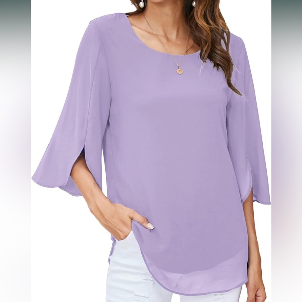 New ACEVOG Womens Casual Scoop Neck Loose Top 3/4 Sleeve Chiffon Blouse Shirt - Picture 2 of 12